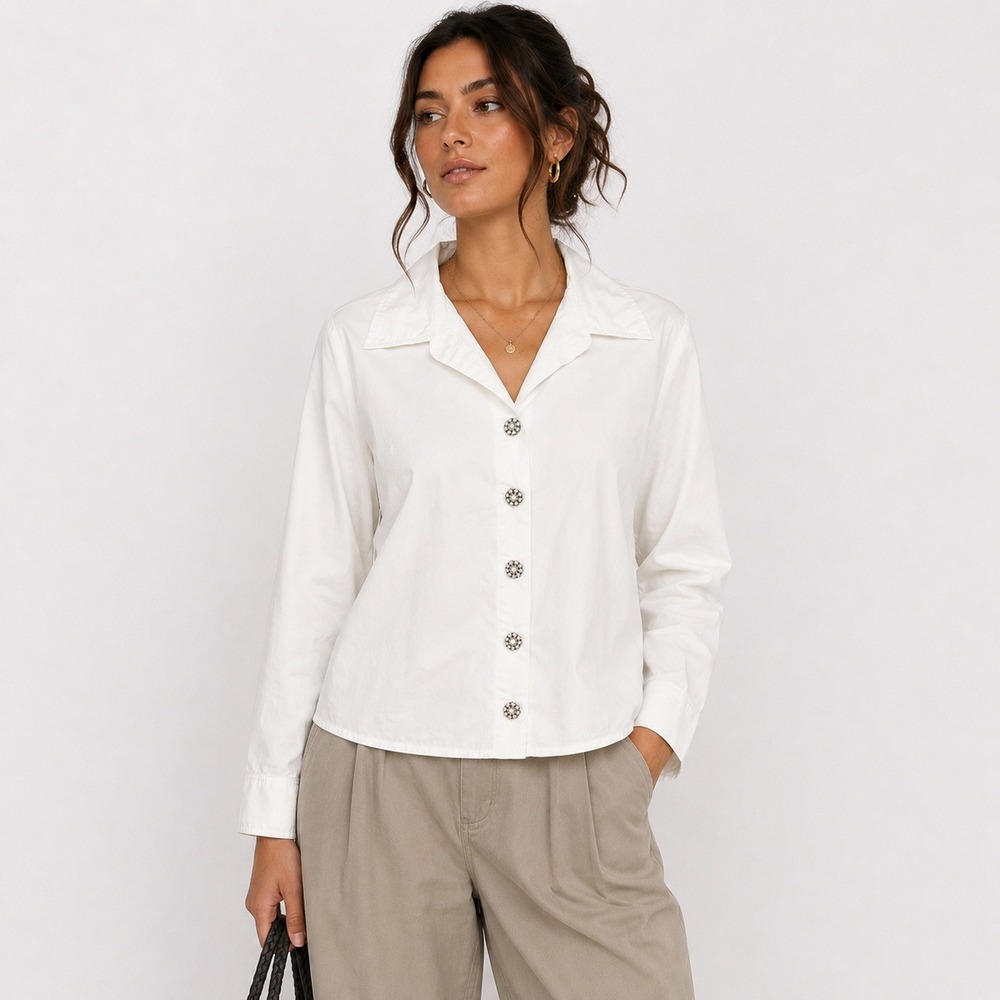 White‎ Cotton Rhinestone Button Down Shirt Women Small Long Sleeve Blouse Office